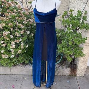 Y2K Blue Prom Dress with Sheer Mesh Overlay